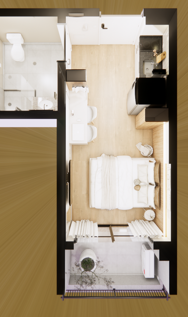 Planta baixa 3D de studio de 26m² com marcenaria em tons claros, piso amadeirado, cozinha, banheiro e varanda integrada