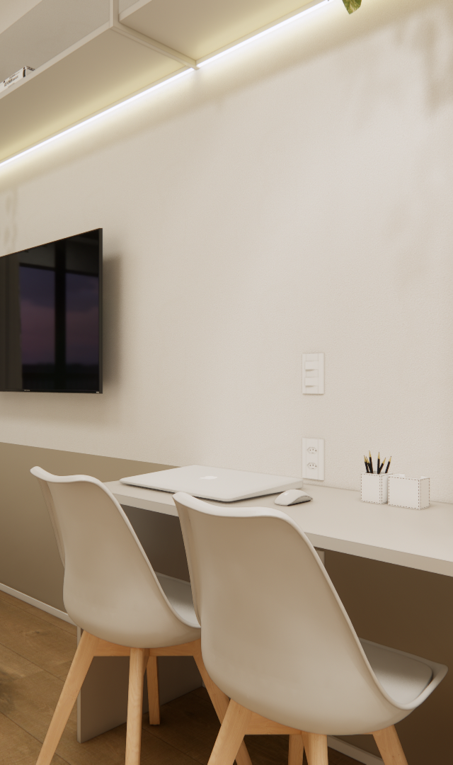 Render 3D de estúdio em Pinheiros com cama, bancada de trabalho, marcenaria em madeira clara e iluminação em led quente