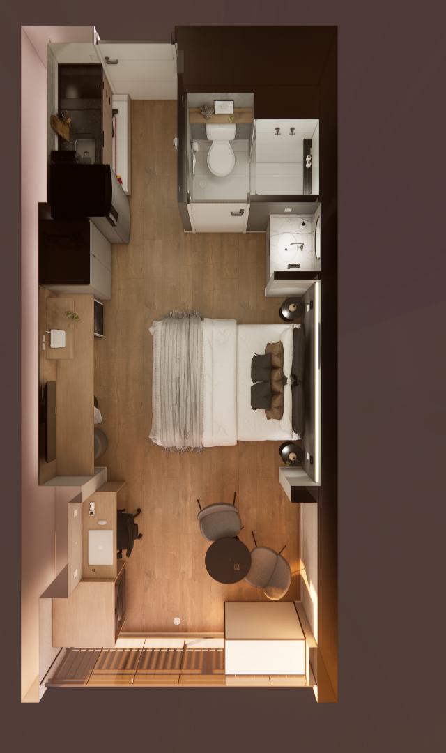 Planta baixa 3D de studio com piso amadeirado, cama centralizada, cozinha linear, banheiro e área de trabalho integrada