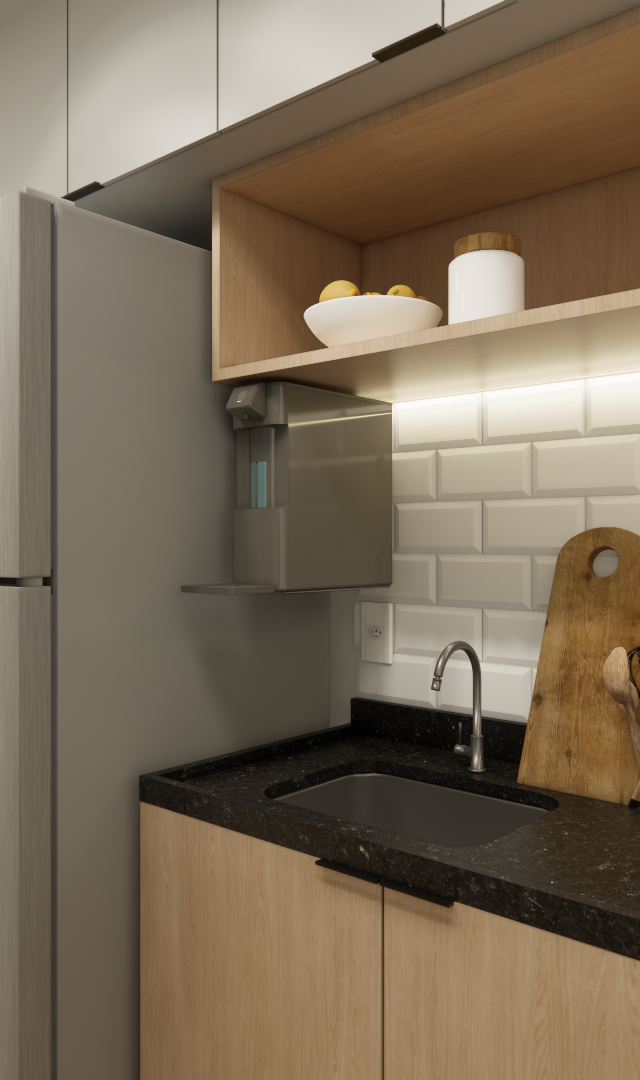 Render 3D de cozinha compacta com marcenaria em madeira e cinza, bancada preta, azulejos tipo metrô brancos e luz indireta