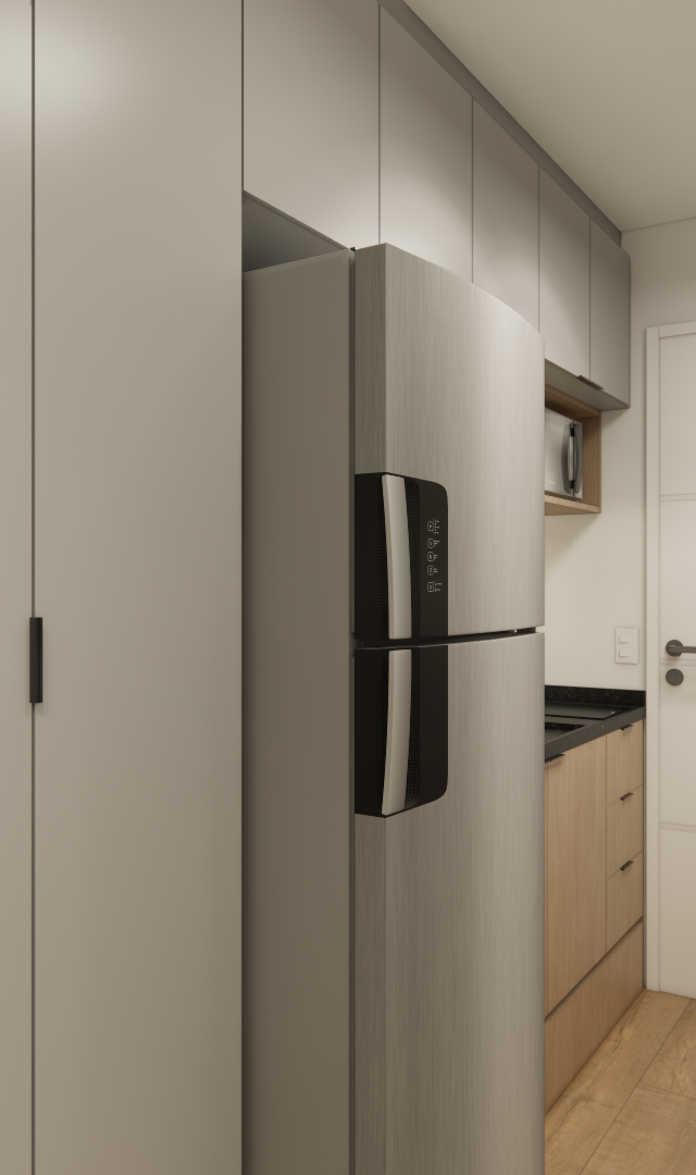 Render 3D de cozinha compacta com marcenaria cinza e amadeirada, geladeira inox, porta branca e iluminação em spots pretos