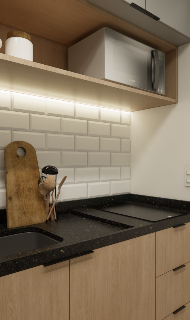 Render 3D de cozinha compacta com marcenaria em madeira, bancada preta, revestimento tipo tijolinho e iluminação em fita LED