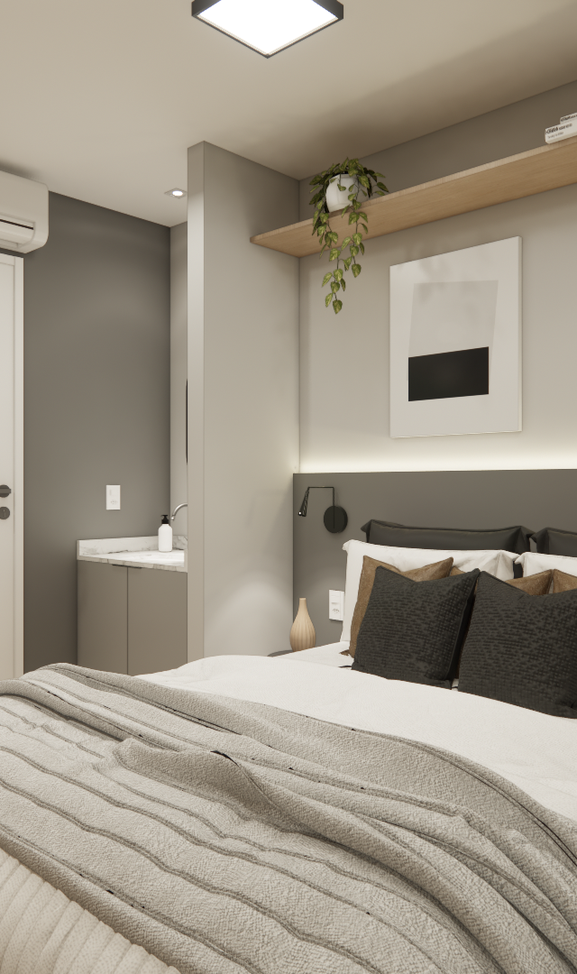 Render 3D de dormitório compacto com tons cinza, marcenaria em madeira clara, cama de casal e iluminação indireta quente