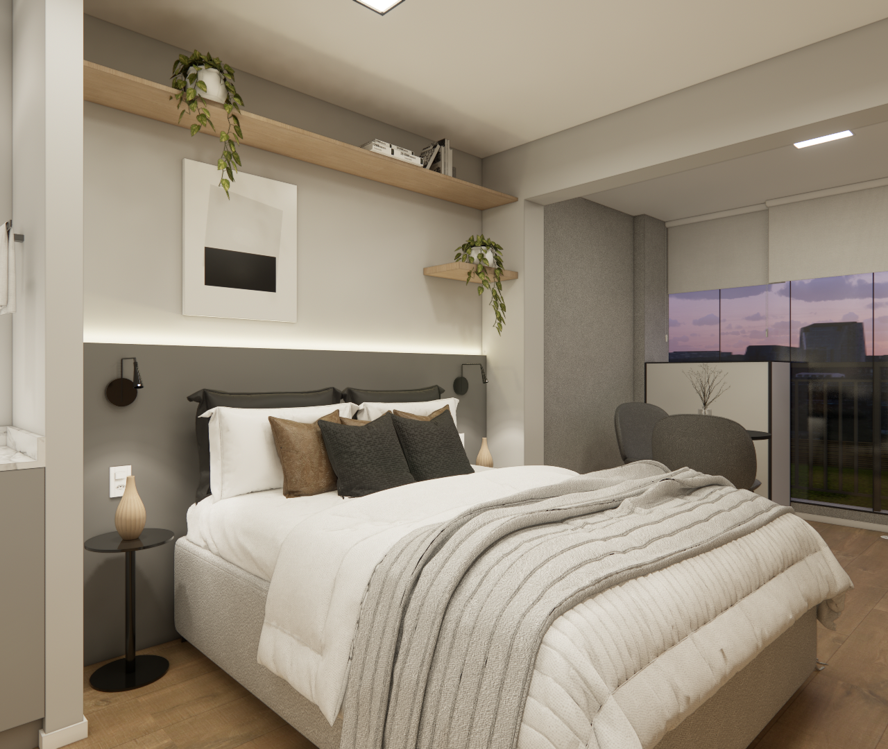 Render 3D de quarto compacto em Perdizes com cama, marcenaria em tons de cinza e madeira, iluminação indireta e vista externa