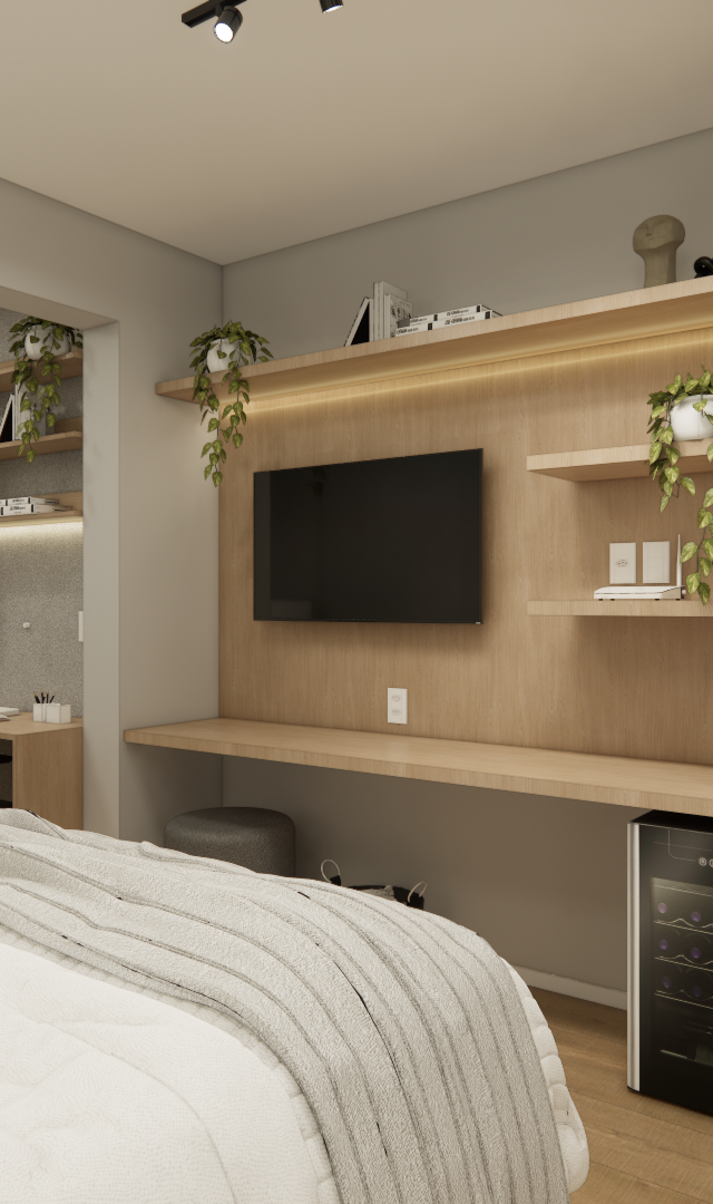 Render 3D de quarto compacto em Perdizes com marcenaria em tons amadeirados, painel para TV, prateleiras e adega integrada