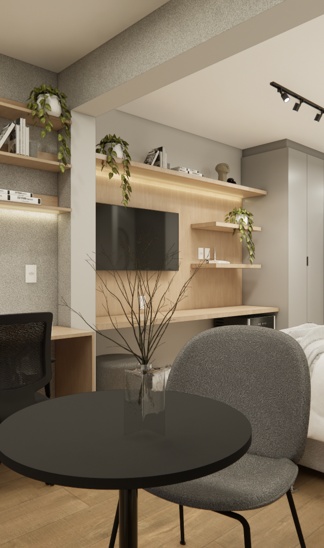 Render 3D de estúdio compacto com tons neutros, marcenaria em madeira clara, mesa de jantar, home office e cama de casal