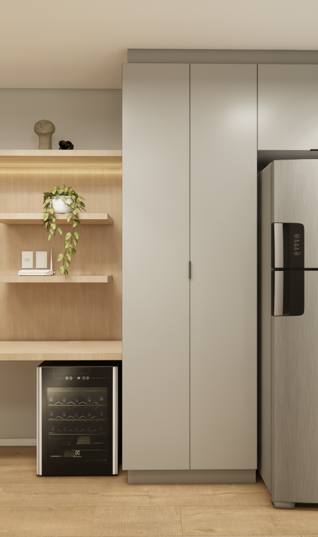 Render 3D de cozinha e sala integradas com marcenaria em madeira e cinza, bancada, adega, eletrodomésticos e iluminação LED