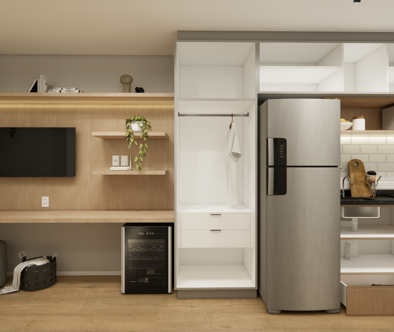 Render 3D de estúdio com marcenaria em madeira clara, armários brancos, geladeira inox, bancada de TV e cozinha integrada