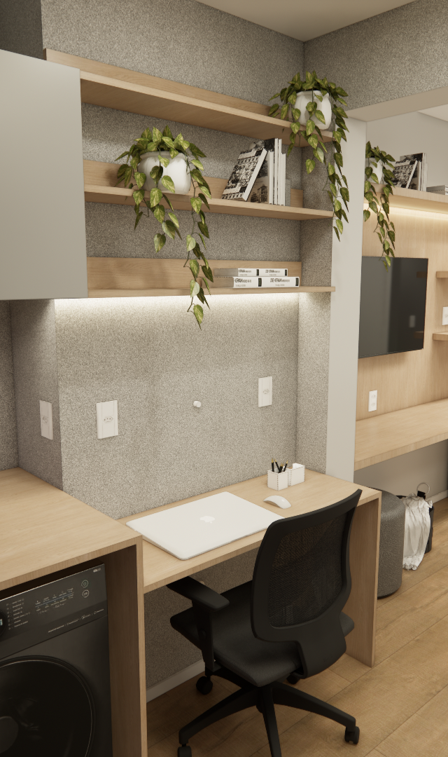 Render 3D de estúdio em Perdizes com marcenaria em tons amadeirados, parede texturizada cinza, iluminação em LED e plantas