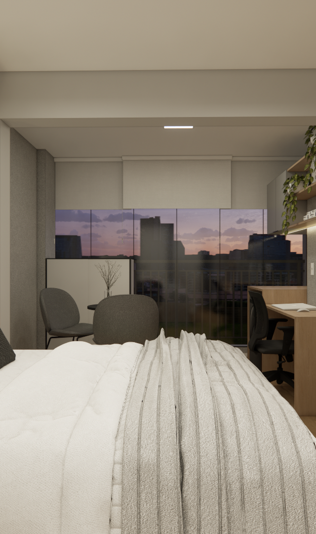 Render 3D de quarto em Perdizes com cama, marcenaria em madeira clara, tons cinza, iluminação indireta e vista urbana