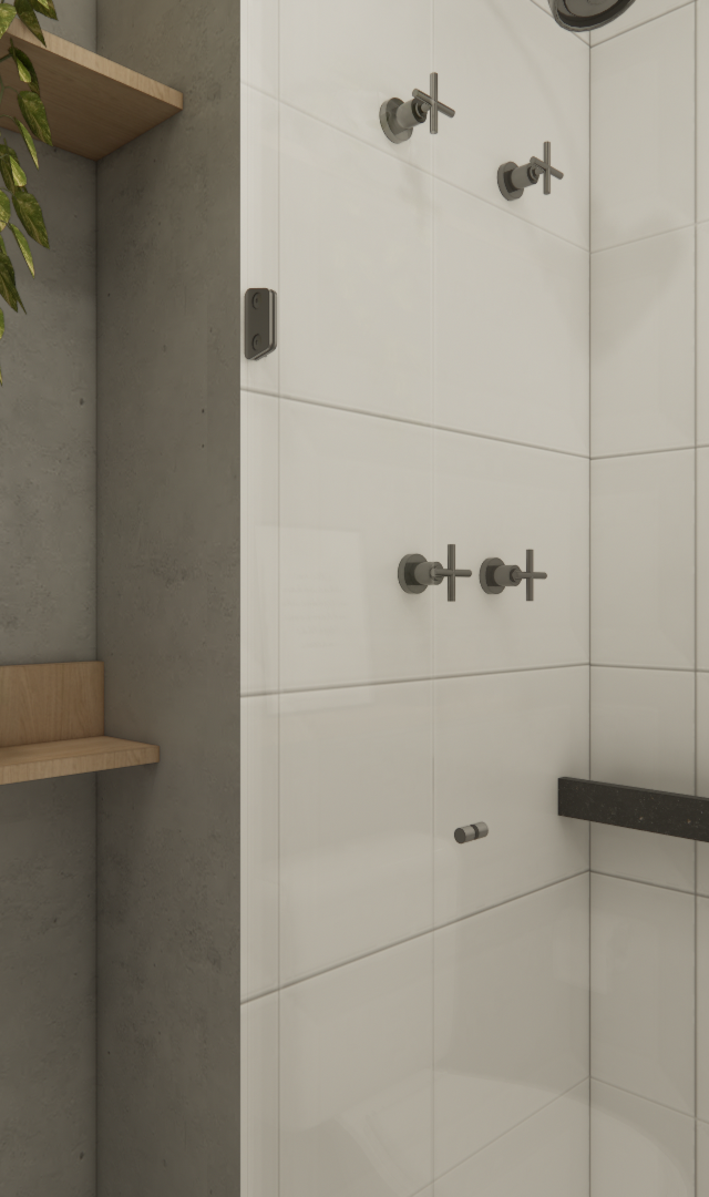 Render 3D de banheiro com parede em cimento queimado, prateleiras de madeira, box de vidro e metais pretos minimalistas