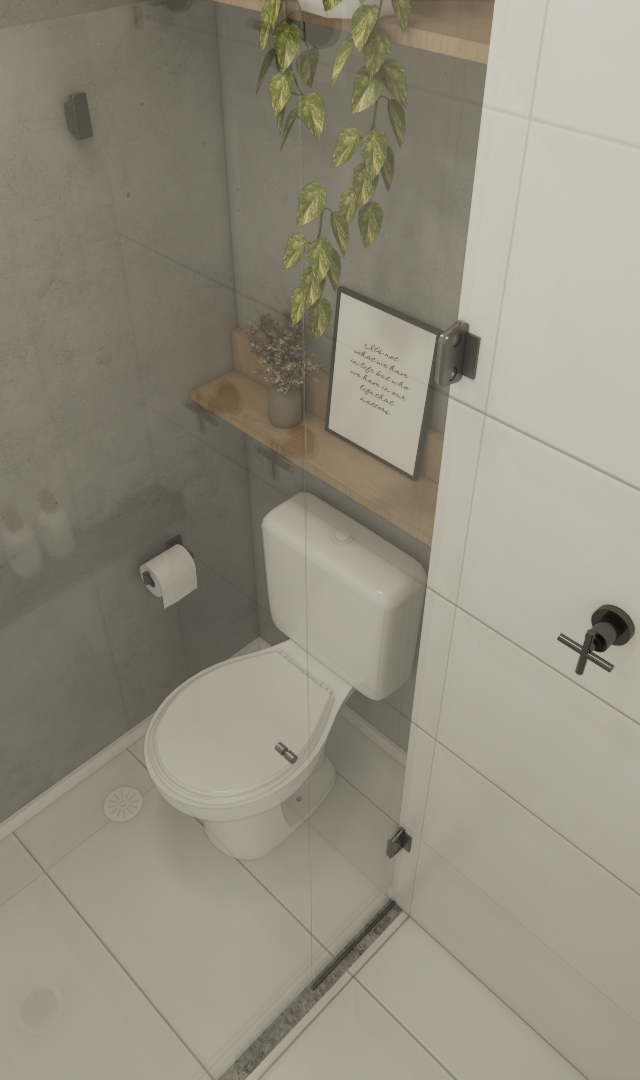 Render 3D de banheiro moderno em Perdizes com paredes cinza, metais pretos, prateleiras de madeira e planta pendente