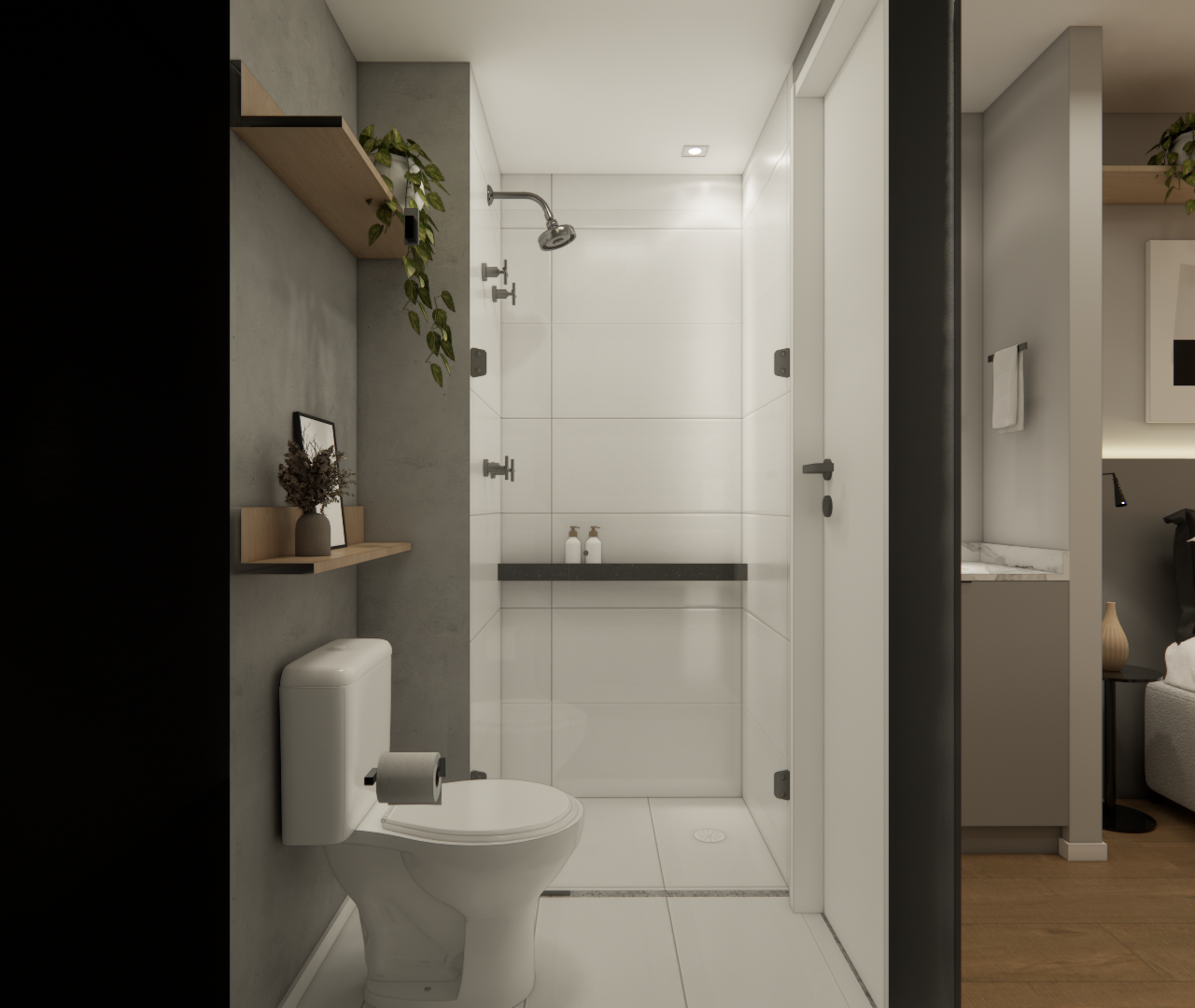 Render 3D de banheiro compacto e quarto integrados, com acabamento em cimento queimado, marcenaria clara e luz indireta