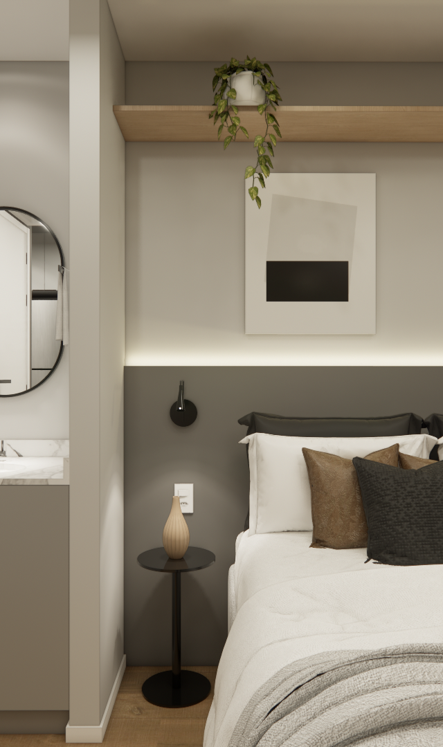 Render 3D de quarto compacto com pia externa, marcenaria cinza, cabeceira iluminada, prateleiras de madeira e plantas