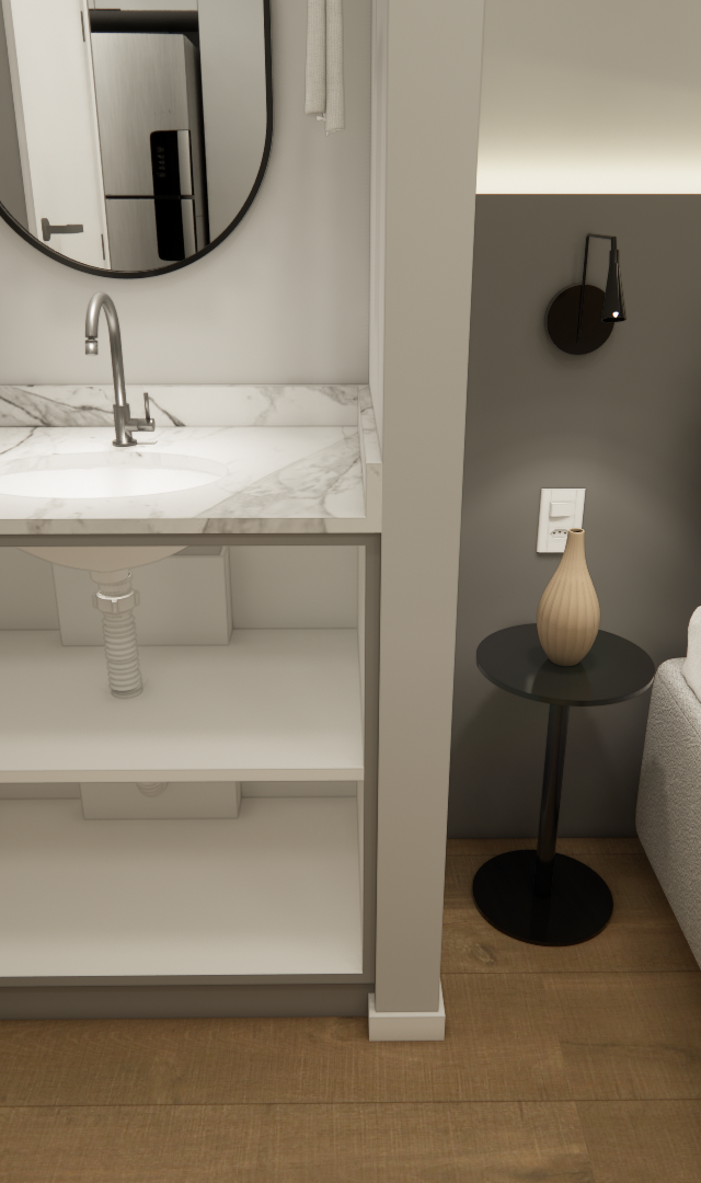 Render 3D de dormitório com lavatório em mármore, marcenaria branca, parede cinza, cama neutra e iluminação indireta
