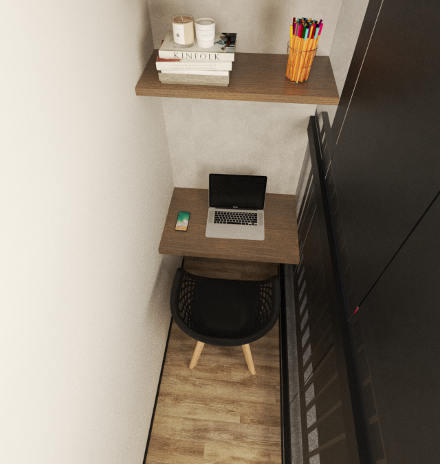 Render 3D de home office compacto no projeto SC - MY ONE com bancada e prateleira de madeira, cadeira preta e armário dark