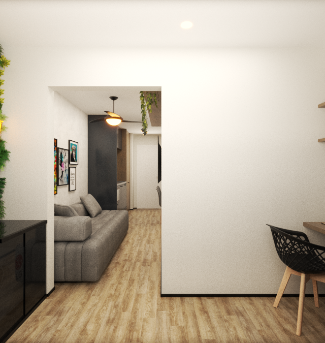Render 3D do projeto SC - MY ONE em Pinheiros com home office, sofá cinza, parede verde com neon e piso amadeirado