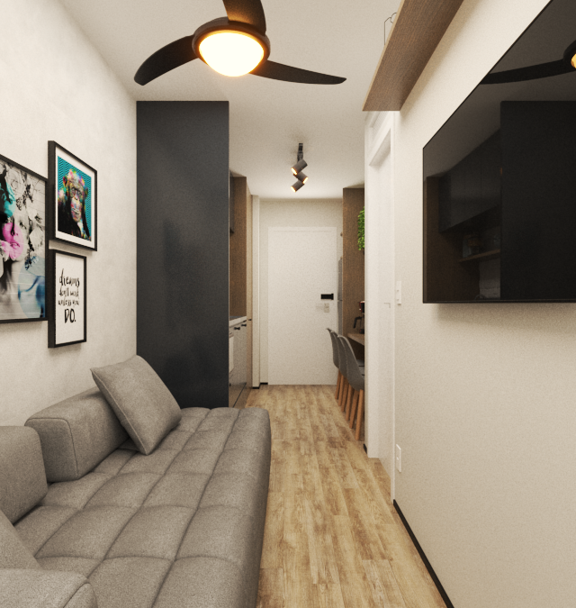 Render 3D de sala em Pinheiros com sofá cinza, quadros coloridos, TV, piso amadeirado, ventilador e iluminação em trilho