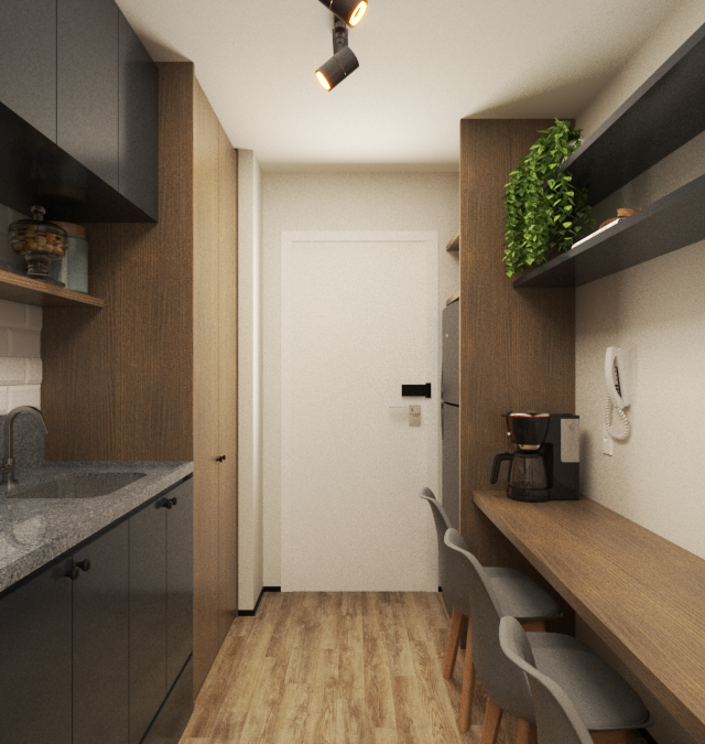 Render 3D de cozinha em Pinheiros com armários pretos, bancada de granito, marcenaria em madeira e iluminação em trilho