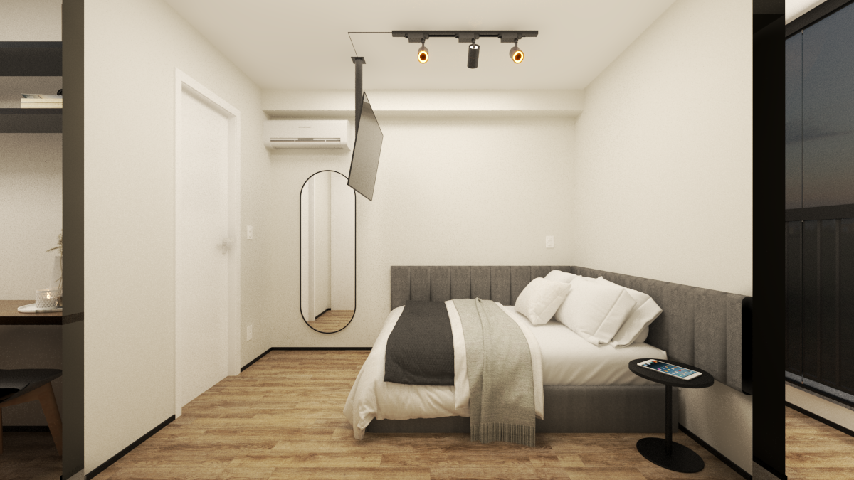 Render 3D de quarto em Pinheiros com cama cinza, piso amadeirado, espelho orgânico, TV suspensa e iluminação em trilho