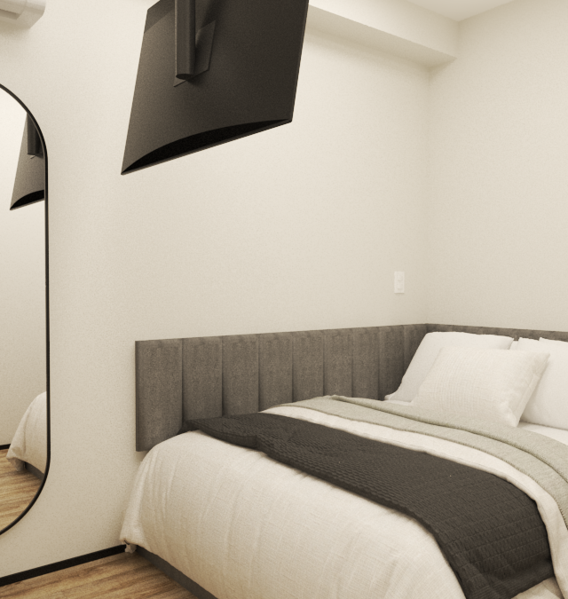 Render 3D de quarto minimalista, cama com cabeceira cinza, espelho oval, TV suspensa e piso amadeirado em tons neutros