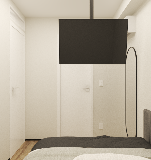 Render 3D de quarto minimalista no projeto SC - MY ONE com TV suspensa no teto, cabeceira cinza e espelho oval preto