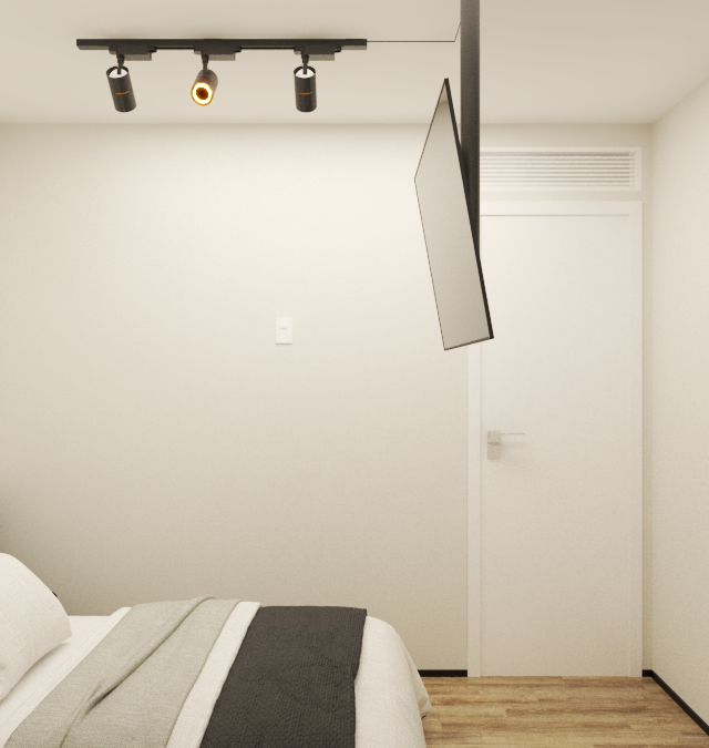 Render 3D de quarto minimalista em Pinheiros com cama de cabeceira cinza, TV suspensa, paredes claras e spots pretos