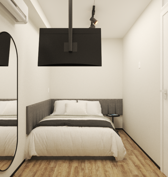 Render 3D de quarto em Pinheiros com cama, cabeceira cinza, TV suspensa, espelho oval e piso amadeirado em tons neutros