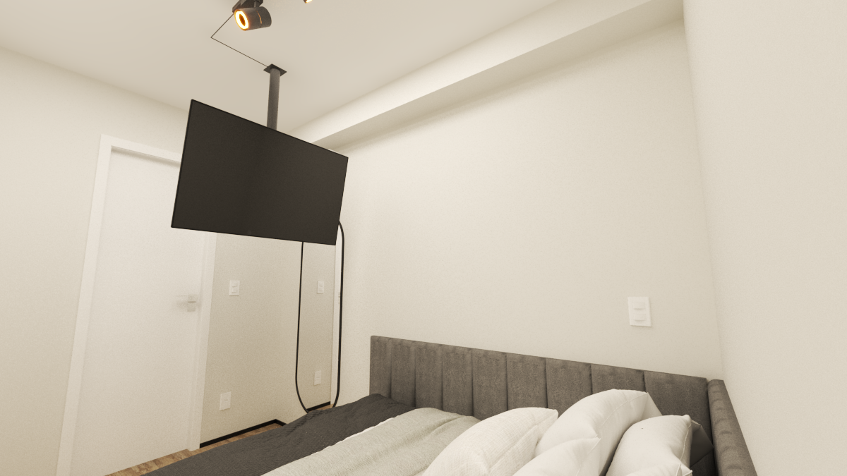 Render 3D de quarto minimalista em Pinheiros com TV suspensa no teto, cabeceira estofada cinza e iluminação indireta clara