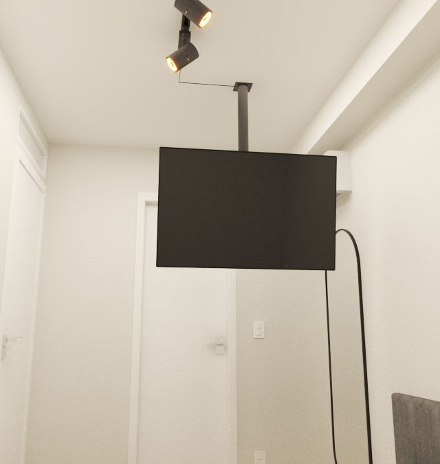 Render 3D de quarto com TV preta suspensa por haste metálica, iluminação em trilho, paredes claras e tons neutros