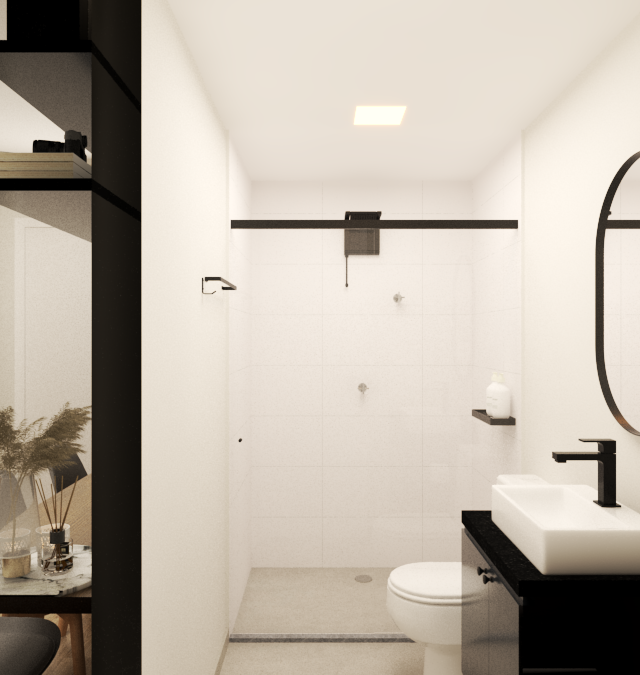 Render 3D de banheiro e área de jantar integrados, com paleta em tons de preto, madeira e branco, iluminação focada