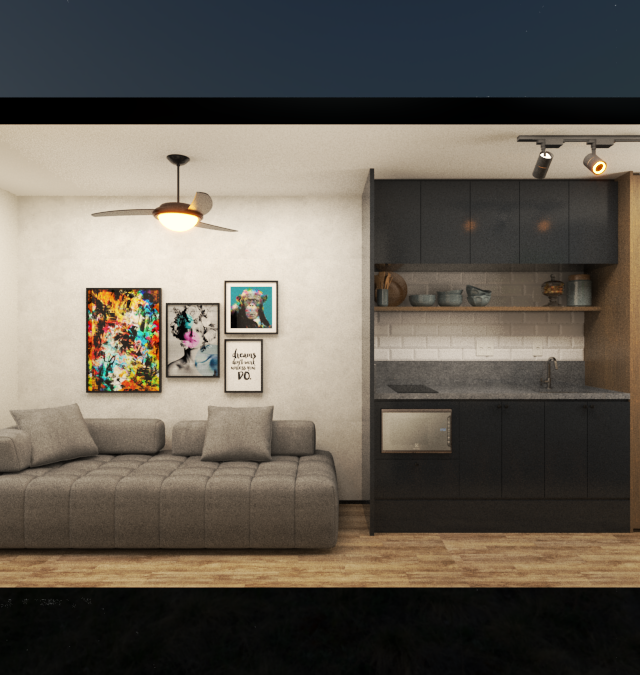 Render 3D de sala e cozinha integradas, com sofá cinza, marcenaria preta e madeira, piso amadeirado e iluminação pontual