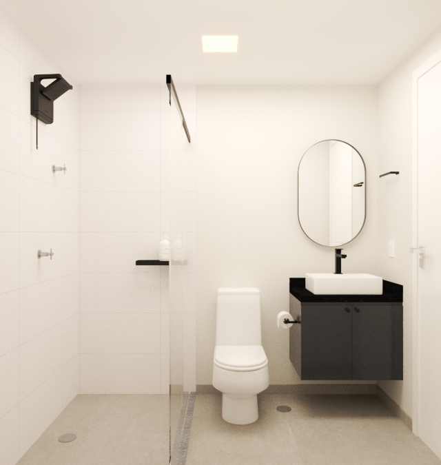Render 3D de banheiro moderno em Pinheiros com revestimento branco, metais pretos, espelho oval e gabinete suspenso escuro