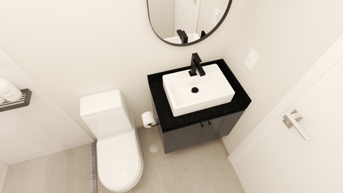 Render 3D de lavabo em Pinheiros com bancada preta, cuba branca, metais pretos, espelho orgânico e piso claro