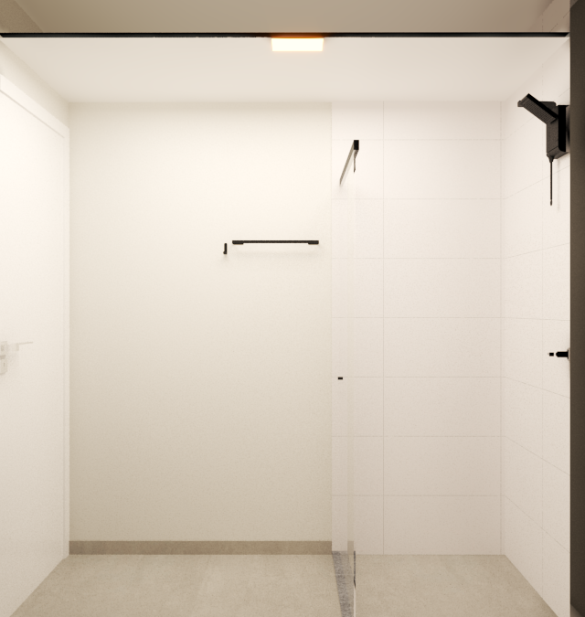 Render 3D de banheiro com box de vidro, metais pretos e revestimento branco, integrado ao quarto no projeto MY ONE