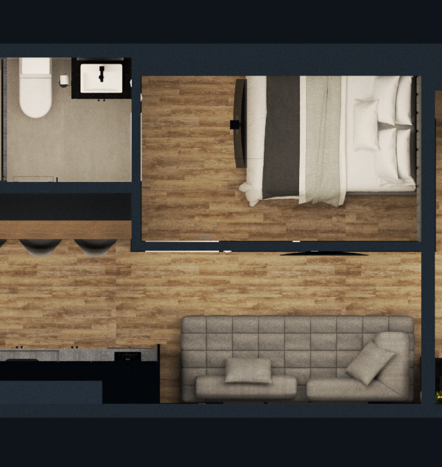 Planta baixa 3D do projeto SC - MY ONE com quarto, banheiro, sala com sofá cinza, cozinha linear e piso amadeirado