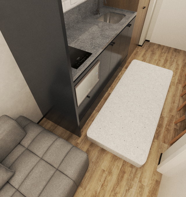 Render 3D de cozinha compacta em Pinheiros com marcenaria cinza, bancada em granito, piso amadeirado e mesa com banquetas