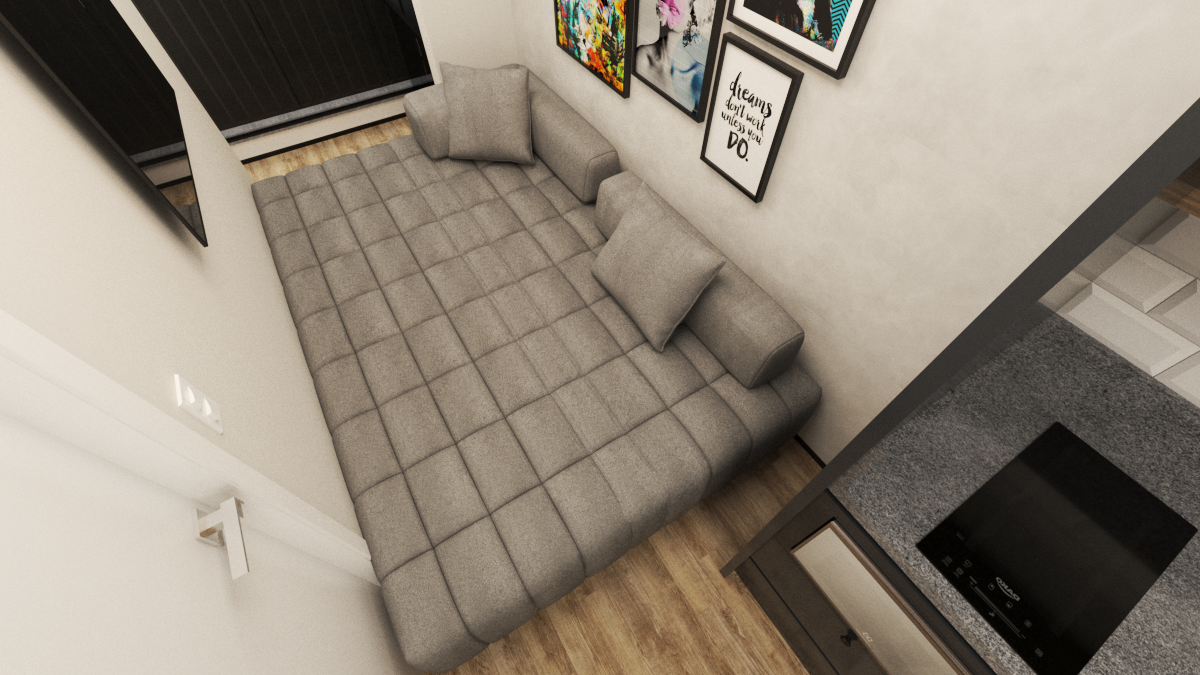 Render 3D de sala em Pinheiros com sofá cinza estofado, quadros decorativos na parede, piso de madeira e bancada em granito