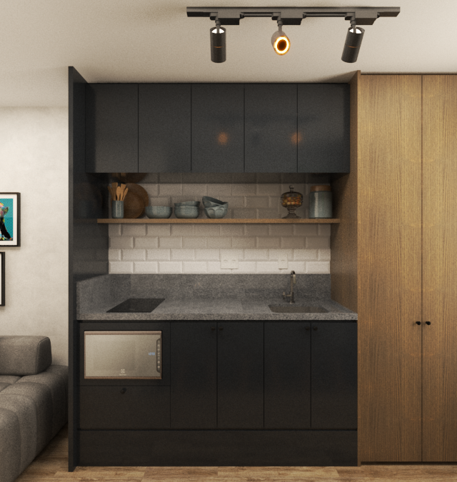 Render 3D de cozinha compacta em Pinheiros com marcenaria preta, armário amadeirado, bancada em pedra e iluminação de trilho