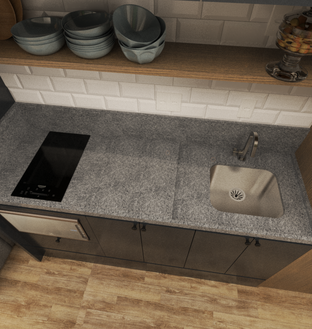 Render 3D de cozinha compacta SC - MY ONE com bancada em granito, cooktop, cuba inox, marcenaria cinza e prateleira de madeira