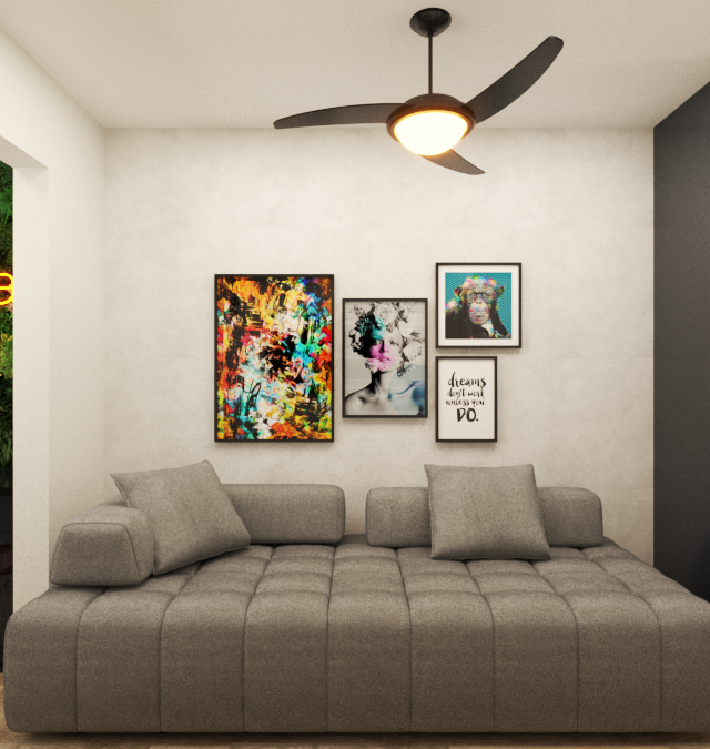 Render 3D de sala e cozinha integrada, sofá cinza, quadros coloridos, marcenaria preta e jardim vertical em Pinheiros