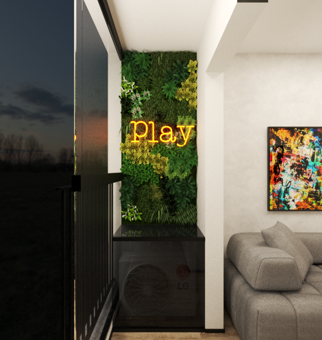 Render 3D da varanda do projeto SC - MY ONE com jardim vertical, neon Play, sofá cinza e quadros decorativos na parede