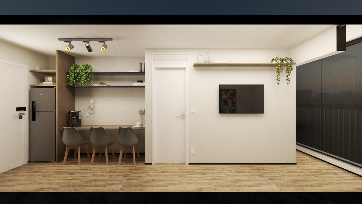 Render 3D de sala e cozinha integrada SC - MY ONE em Pinheiros com marcenaria em madeira, iluminação em trilho e tons neutros