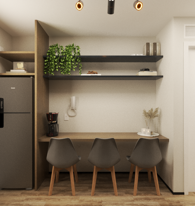 Render 3D: copa com mesa de madeira, cadeiras cinzas, prateleiras pretas, geladeira chumbo e iluminação focal em Pinheiros