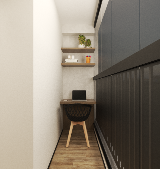 Render 3D de home office em Pinheiros com mesa de madeira, cadeira preta vazada, prateleiras e marcenaria em tons de cinza