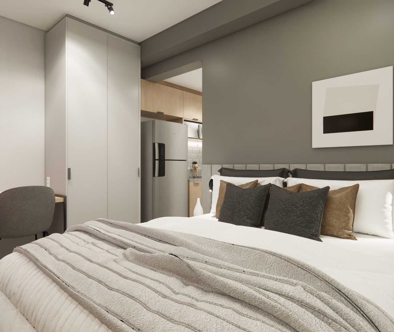 Render 3D de quarto compacto em tons de cinza com cama, cabeceira estofada, mesa de trabalho e cozinha ao fundo