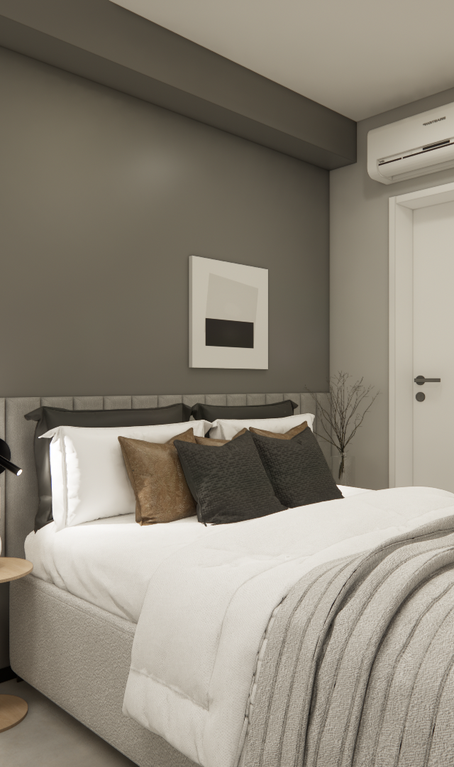 Render 3D de quarto pequeno em tons de cinza com cama estofada, mesa lateral em madeira e iluminação indireta moderna
