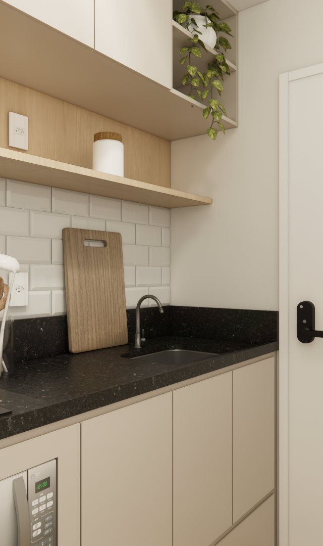 Render 3D de cozinha compacta, marcenaria em tons claros, bancada preta, revestimento tipo metrô branco e prateleira madeira
