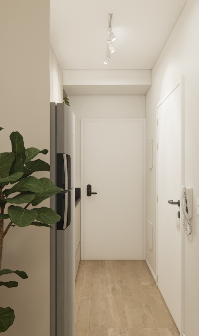 Render 3D de hall de entrada em Vila Clementino com marcenaria clara, planta, piso amadeirado e iluminação técnica branca