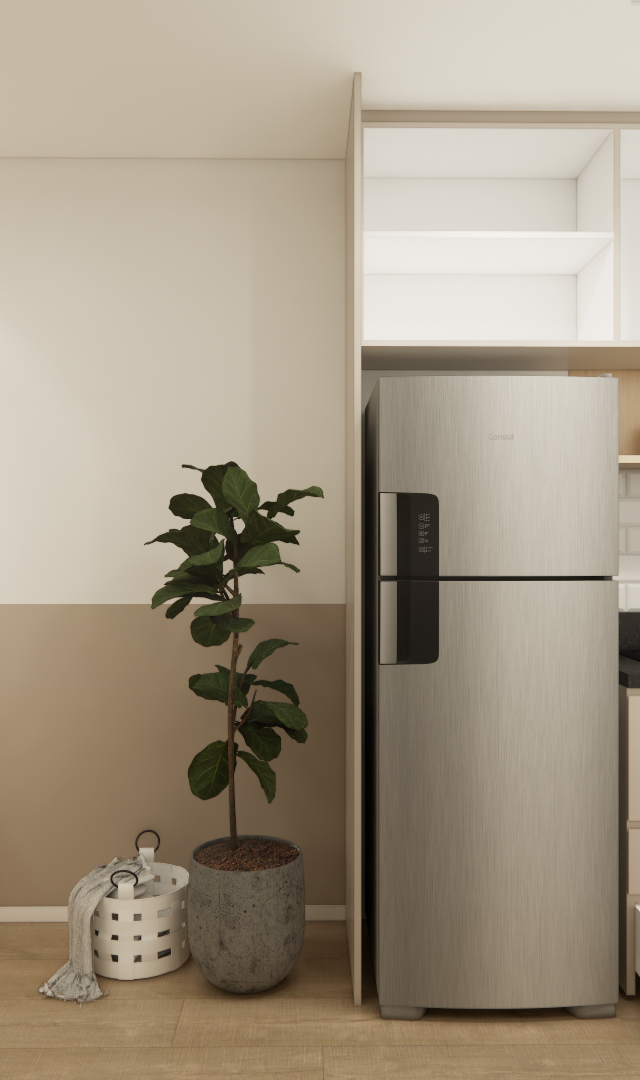 Render 3D de cozinha e área de trabalho integrada com marcenaria em tons claros, parede bicolor e bancada de granito preto